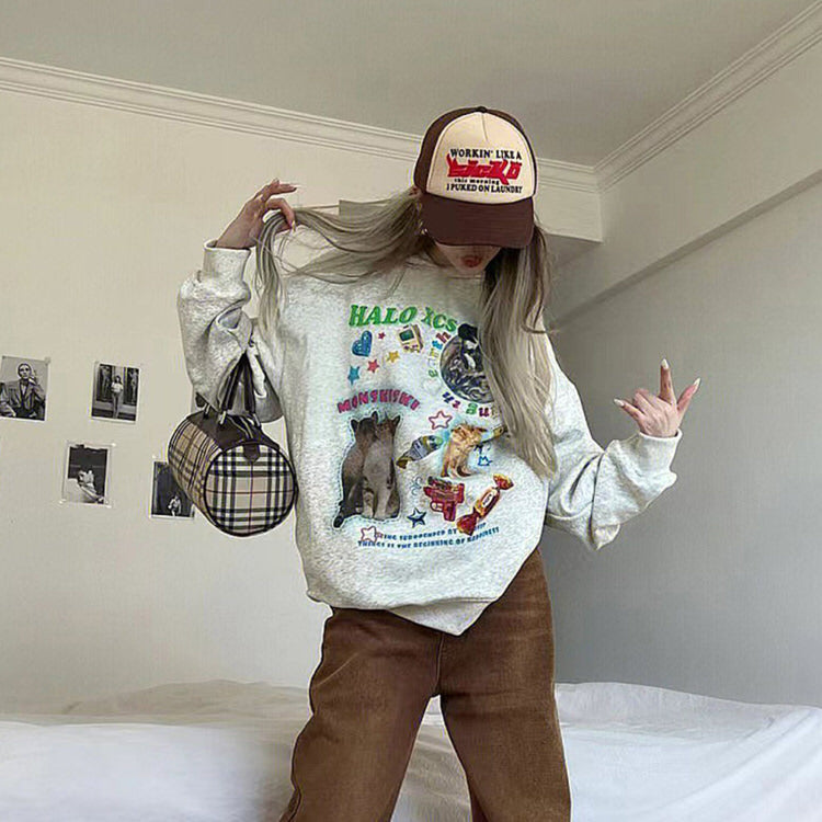 Y2K Cat Planet Graphic Sweatshirt - Cute Cozy Top for Aesthetic Outfits