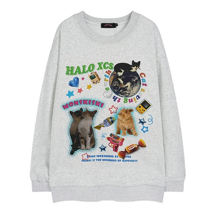 Y2K Cat Planet Graphic Sweatshirt - Cute Cozy Top for Aesthetic Outfits