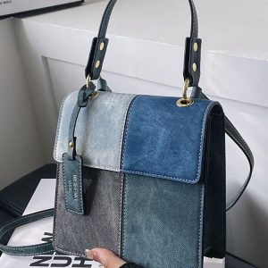 Y2K Color Block Denim Satchel Bag - Trendy Aesthetic Accessory for Stylish Outfits