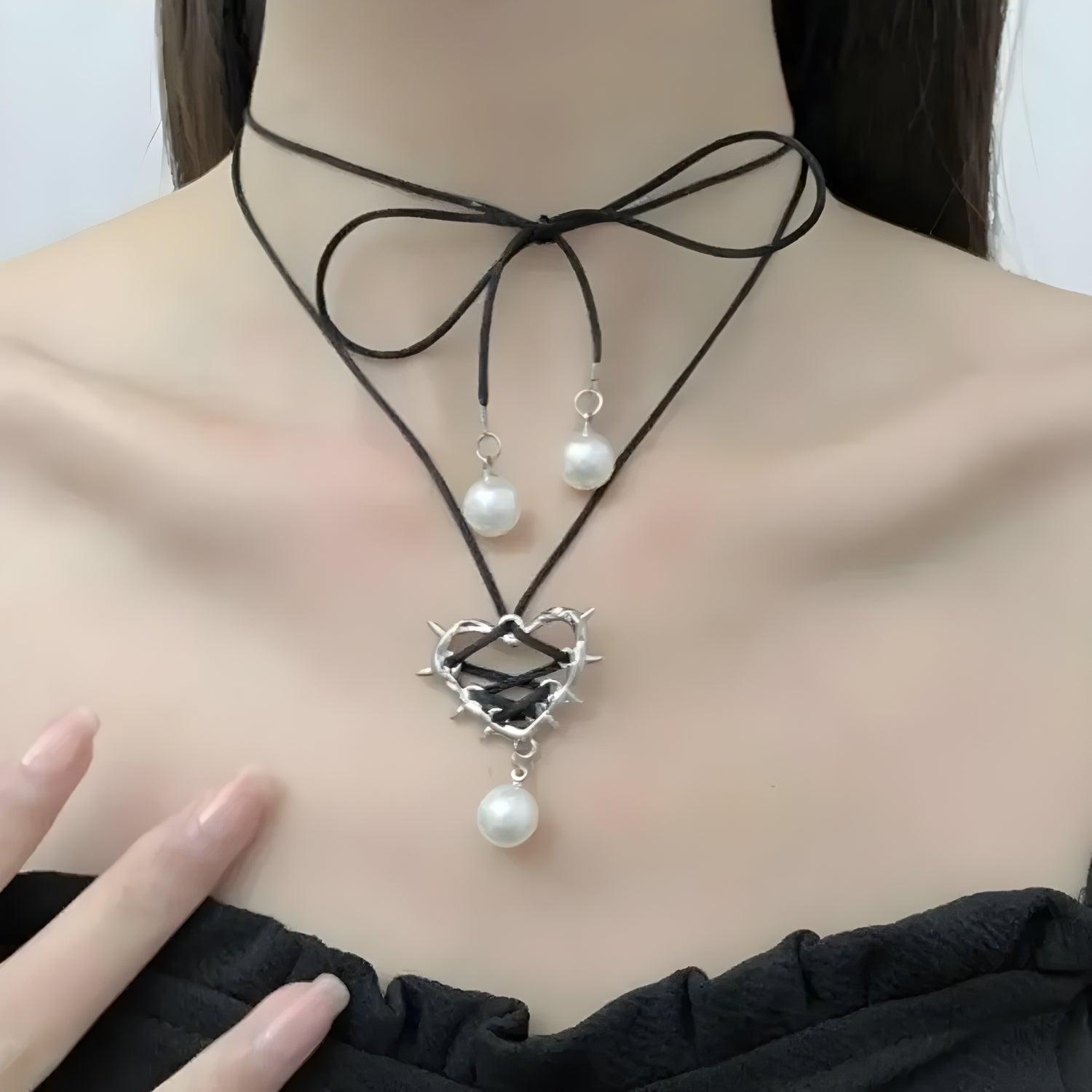 Y2K Coquette Bow Tie Necklace with Barbed Heart Charm - Cute Aesthetic Jewelry