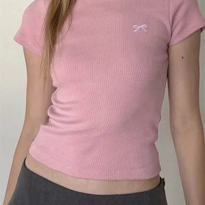 Y2K Coquette Style Bow Basic Tee - Cute Top for Aesthetic Outfits and Everyday Wear