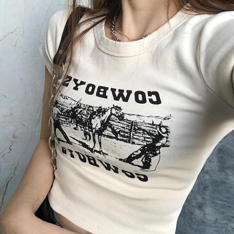 Y2K Cowboys Crop Tee: Vintage-Inspired Graphic Top for Trendy Coquette Aesthetic