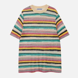 Y2K Cut-Out Stripe Knit Tee - Trendy Coquette Aesthetic Top for Stylish Outfits