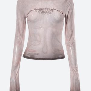 Y2K Cyberpunk Sheer Top with Sigil Design for Edgy Aesthetic Outfits