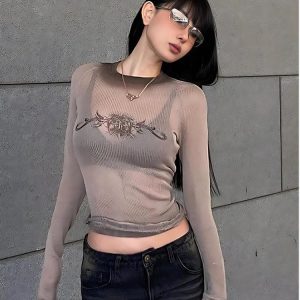 Y2K Cyberpunk Sheer Top with Sigil Design for Edgy Aesthetic Outfits