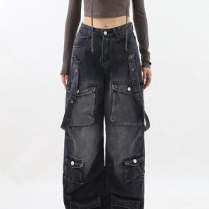 Y2K Dark Wash Cargo Jeans with Belt - Trendy Grunge Style for Aesthetic Outfits