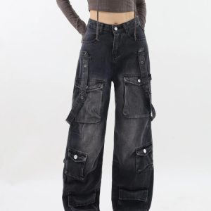 Y2K Dark Wash Cargo Jeans with Belt - Trendy Grunge Style for Aesthetic Outfits