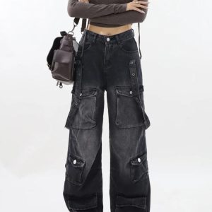 Y2K Dark Wash Cargo Jeans with Belt - Trendy Grunge Style for Aesthetic Outfits