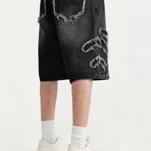 Y2K Denim Patchwork Jorts: Trendy Grunge Style for Aesthetic Outfits