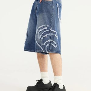 Y2K Denim Patchwork Jorts: Trendy Grunge Style for Aesthetic Outfits