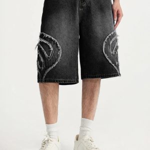 Y2K Denim Patchwork Jorts: Trendy Grunge Style for Aesthetic Outfits