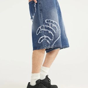 Y2K Denim Patchwork Jorts: Trendy Grunge Style for Aesthetic Outfits