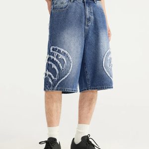 Y2K Denim Patchwork Jorts: Trendy Grunge Style for Aesthetic Outfits