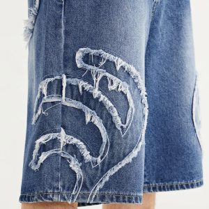 Y2K Denim Patchwork Jorts: Trendy Grunge Style for Aesthetic Outfits