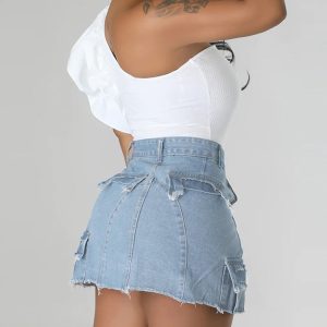 Y2K Denim Pockets Slit Skirt - Trendy Grunge Aesthetic Cargo Skirt for Stylish Outfits