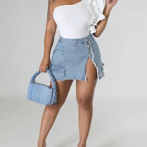 Y2K Denim Pockets Slit Skirt - Trendy Grunge Aesthetic Cargo Skirt for Stylish Outfits