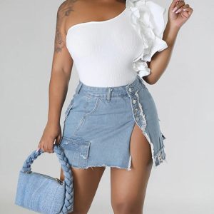 Y2K Denim Pockets Slit Skirt - Trendy Grunge Aesthetic Cargo Skirt for Stylish Outfits