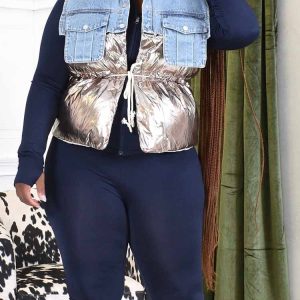 Y2K Denim Puff Vest Jacket for Trendy Aesthetic Outfits and Cozy Layering