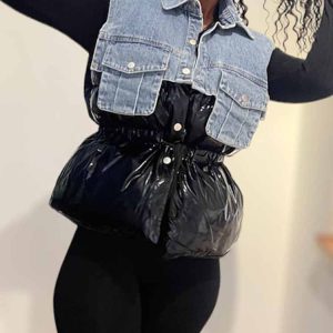 Y2K Denim Puff Vest Jacket for Trendy Aesthetic Outfits and Cozy Layering