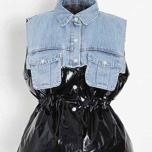 Y2K Denim Puff Vest Jacket for Trendy Aesthetic Outfits and Cozy Layering