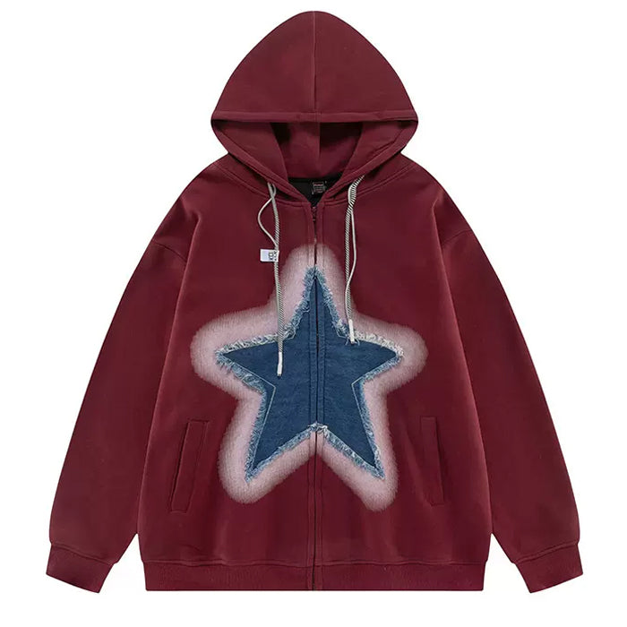 Y2K Denim Star Zip Up Hoodie - Trendy Grunge Aesthetic Layering Essential for Stylish Outfits