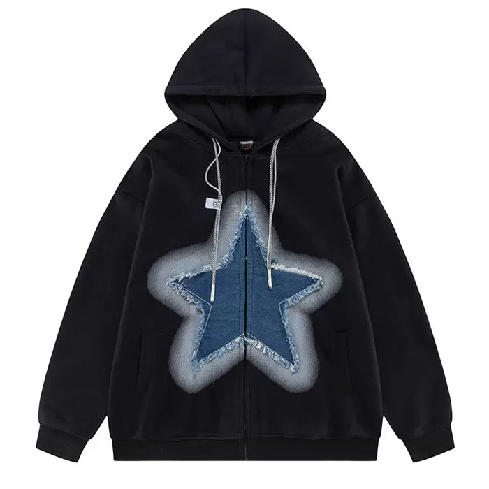 Y2K Denim Star Zip Up Hoodie - Trendy Grunge Aesthetic Layering Essential for Stylish Outfits