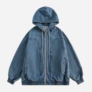 Y2K Denim Zip Up Hoodie: Trendy Grunge Style for Aesthetic Outfits and Comfy Looks