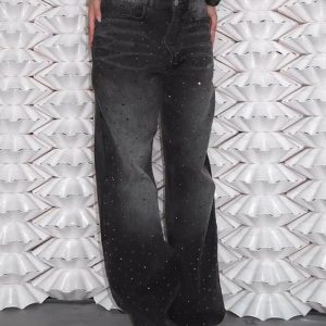 Y2K Distressed Rhinestone High Rise Boyfriend Jeans for Trendy Aesthetic Outfits