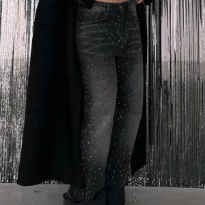 Y2K Distressed Rhinestone High Rise Boyfriend Jeans for Trendy Aesthetic Outfits