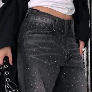 Y2K Distressed Rhinestone High Rise Boyfriend Jeans for Trendy Aesthetic Outfits