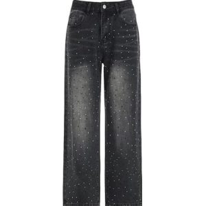 Y2K Distressed Rhinestone High Rise Boyfriend Jeans for Trendy Aesthetic Outfits