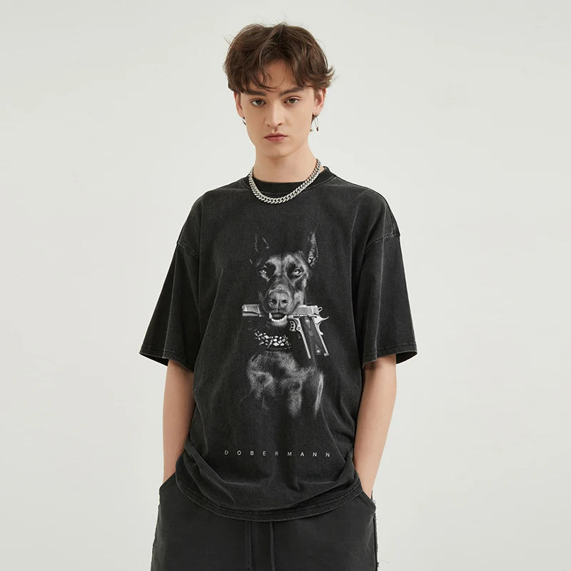 Y2K Doberman Gangster Dog Graphic Tee - Trendy Aesthetic Streetwear Top