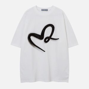 Y2K Embroidery Line Heart Tee - Cute Aesthetic Top for Coquette and Grunge Styles