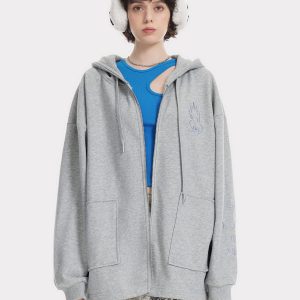 Y2K Embroidery Rabbit Ears Hoodie - Cute Pastel Goth Aesthetic Comfy Top