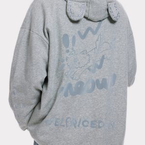 Y2K Embroidery Rabbit Ears Hoodie - Cute Pastel Goth Aesthetic Comfy Top