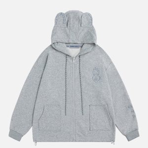 Y2K Embroidery Rabbit Ears Hoodie - Cute Pastel Goth Aesthetic Comfy Top