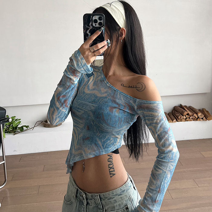 Y2K Fashion Blue Marble Asymmetrical Crop Top - Trendy Coquette Aesthetic Style