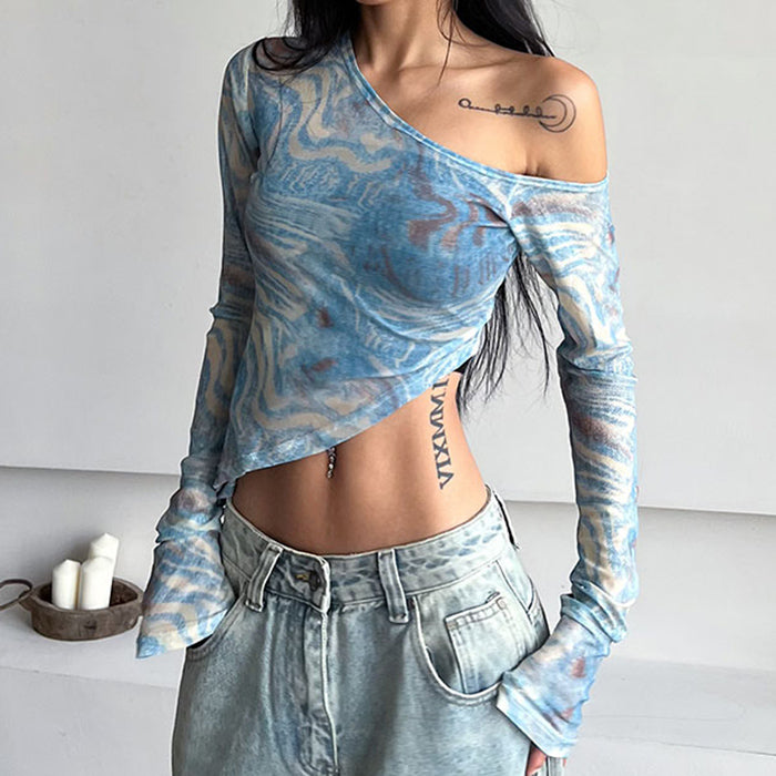 Y2K Fashion Blue Marble Asymmetrical Crop Top - Trendy Coquette Aesthetic Style