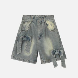 Y2K Fashion Bow Washed Jorts - Trendy Denim Shorts for Coquette and Grunge Aesthetics