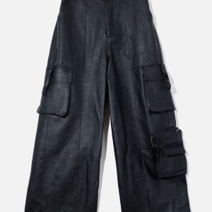 Y2K Fashion Eye Of Moon Faux Leather Wide Leg Pants with Big Pockets for Aesthetic Style