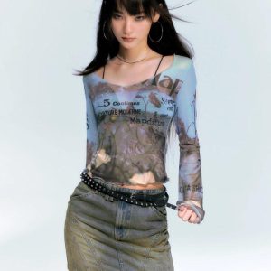 Y2K Fashion Nature Mesh Top - Aesthetic Grunge Style for Trendy Outfits