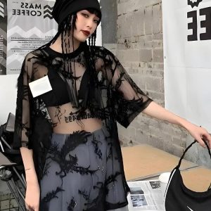 Y2K Fashion Pegasus Embroidered Sheer Top - Cute Aesthetic Layering Piece