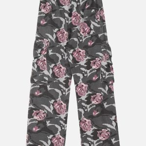 Y2K Fashion Rose Camouflage Cargo Pants - Trendy Grunge Aesthetic Streetwear Style