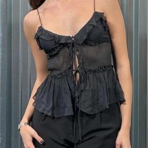 Y2K Fashion See Through Ruffled Trim Tie Up Cami Top for Aesthetic Outfits