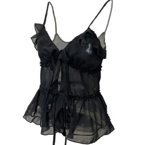 Y2K Fashion See Through Ruffled Trim Tie Up Cami Top for Aesthetic Outfits