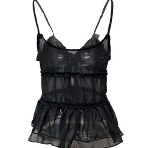 Y2K Fashion See Through Ruffled Trim Tie Up Cami Top for Aesthetic Outfits