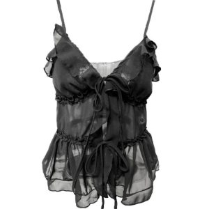 Y2K Fashion See Through Ruffled Trim Tie Up Cami Top for Aesthetic Outfits