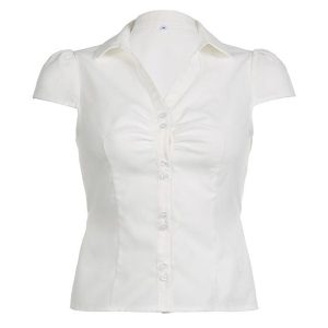 Y2K Fashion Short Sleeve V-Neck Ruched Top - Cute and Comfy Aesthetic Shirt