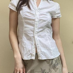 Y2K Fashion Short Sleeve V-Neck Ruched Top - Cute and Comfy Aesthetic Shirt