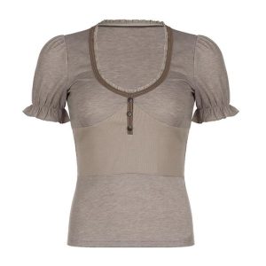 Y2K Fashion V-Neck Bubble Sleeve Tee - Cute Top for Coquette and Grunge Aesthetic Styles